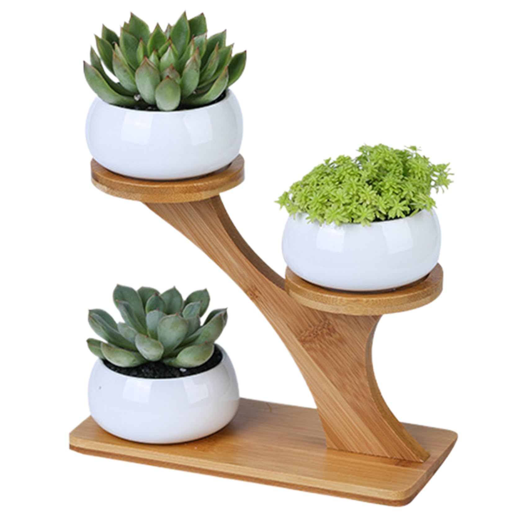 Wedhapy Type2 Cactus Pot 3 Pcs Succulent Plant Pot With 3 Tiered Plant Stand, Small Round Ceramic Plant Pots With Drainage Succulent Planters With Bamboo Holder Type1