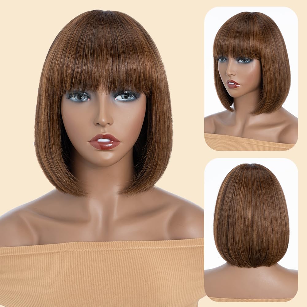Peluca de pelo humano para mujer, pelo virgen brasileño, recto, corto, Bob Wig con Bangs Glueless Machine Made 150% Density (P4/30, 10 pulgadas)