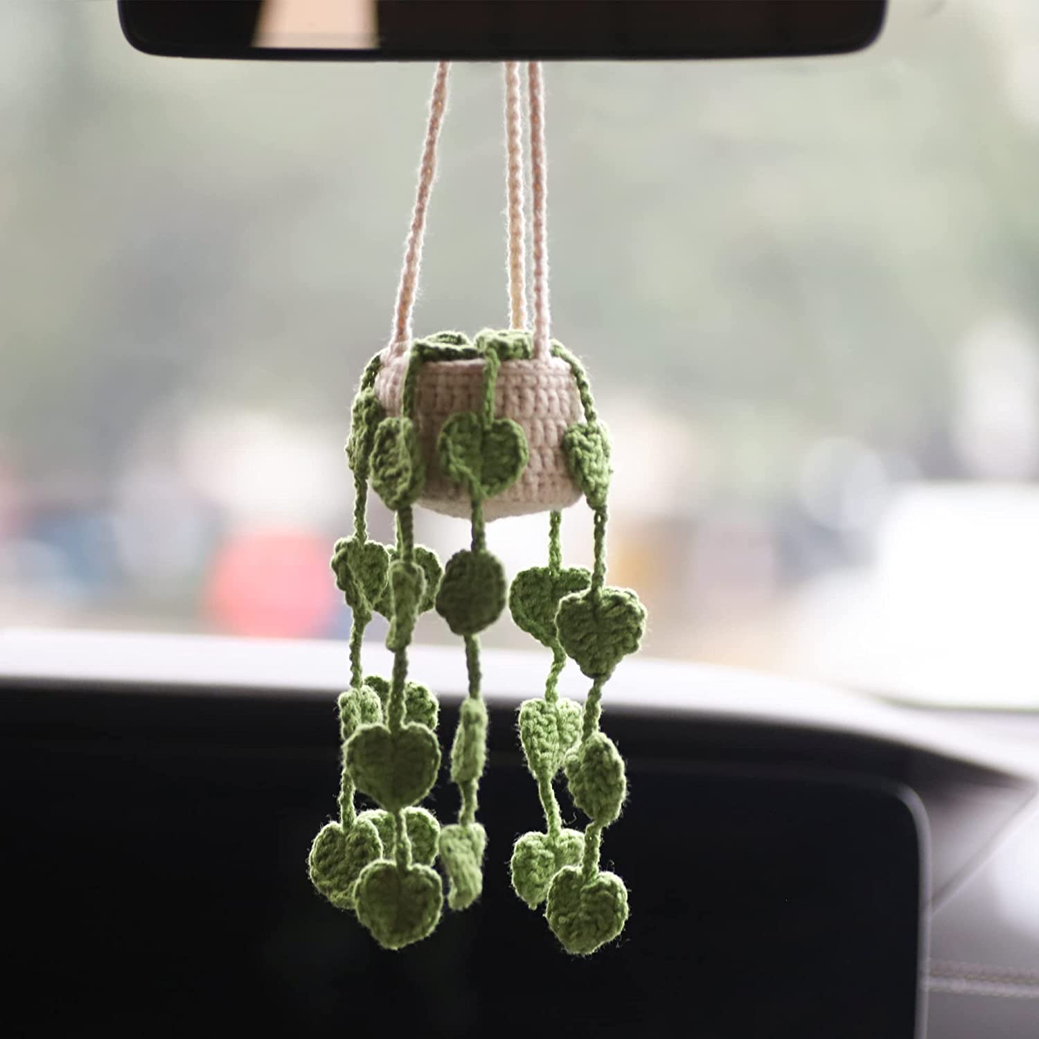 SYOSI Car Plant Crochet Hanging Basket Hanging Plant for Car Decor Car Accessories Car Ornament Rear View Mirror Accessories Car Ornament Cute Crochet Plant Car Mirror Hanging Accessories