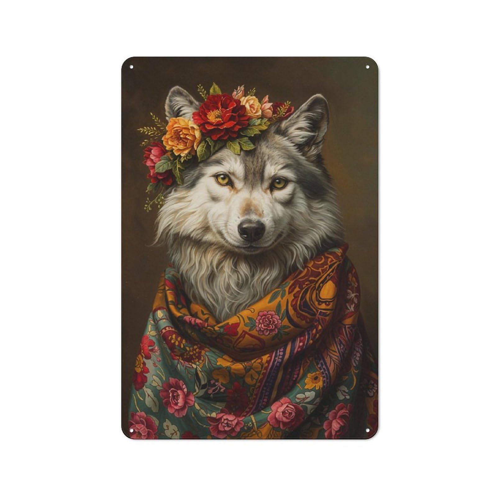 Wolf with Flowers Retro Metal Wall Decor 30x20cm, Tin Wall Sign for Bakery, Diner, Cafe Or Family Room