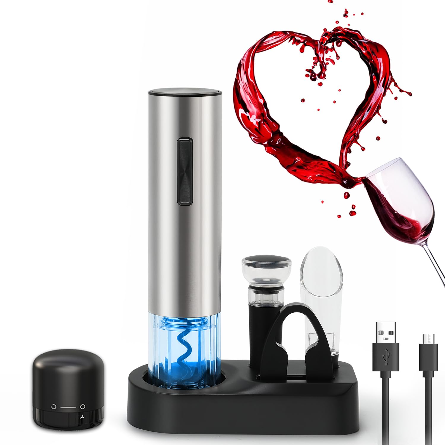 ZOYIDOUX Abridor de vino eléctrico recargable 7 en 1 de acero inoxidable Juego de regalo,Sacacorchos eléctrico con base,Cortador,Tapón de vacío de silicona,Tapón para vino,Vertedor,Línea USB