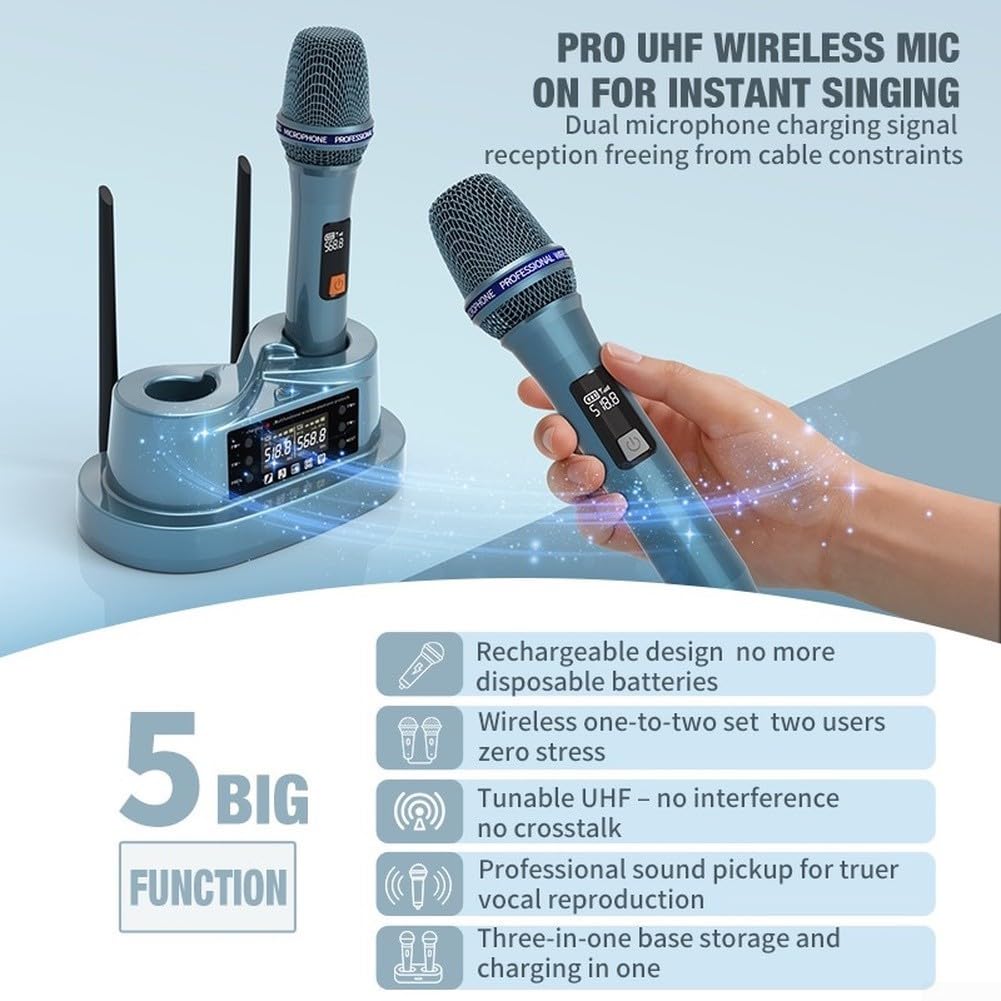 Magentic Wiederaufladbares UHF-Funkmikrofonsystem mit Dual-Handmikrofon, 79 m Reichweite, dynamischer Nieren-Tonabnehmer für Karaoke, Kirche, Partys und Events, Blau