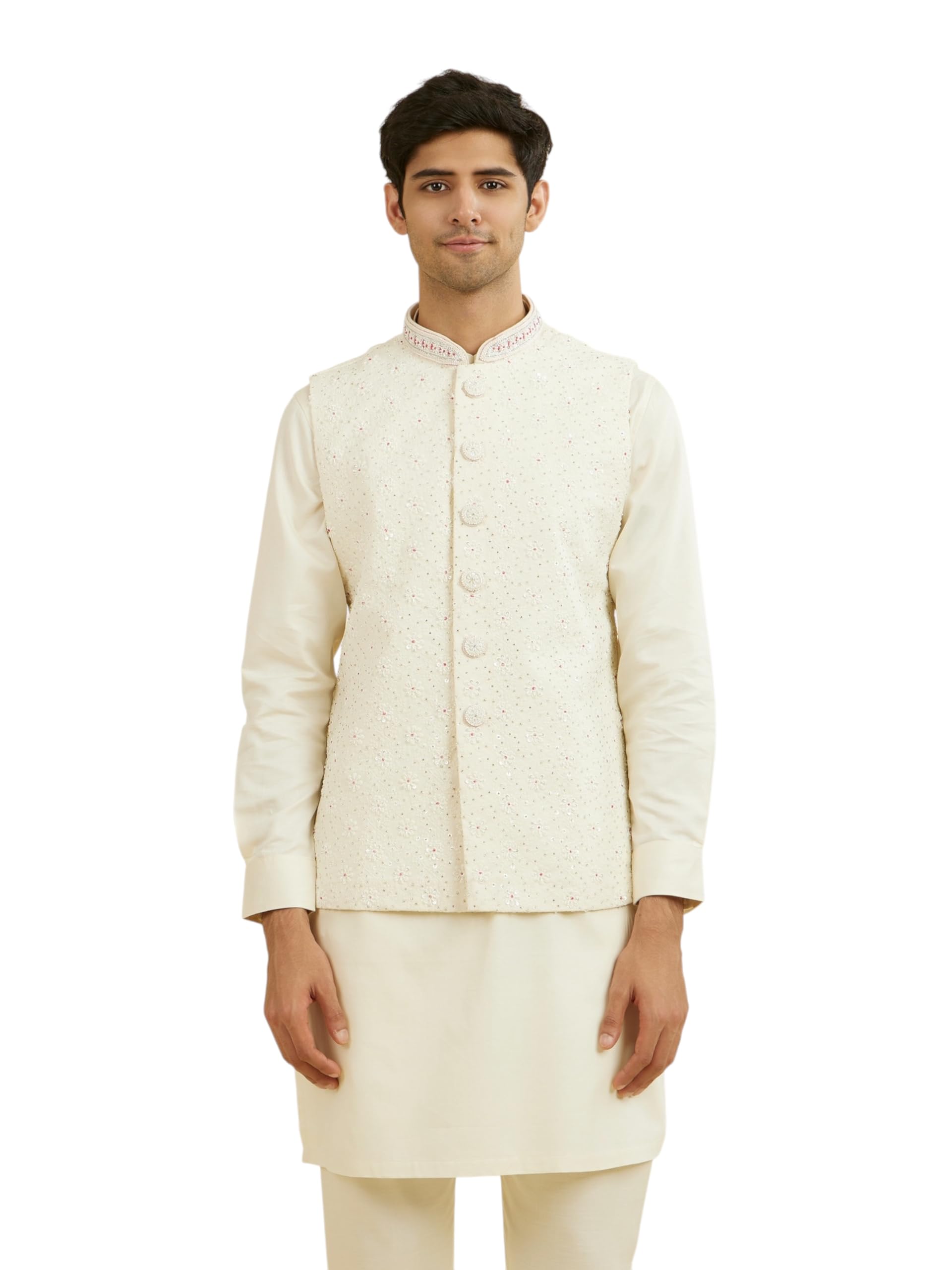 manyavar Men's Georgette Embroidered with Stone Work Nehru Jacket (1pc)-picture-12