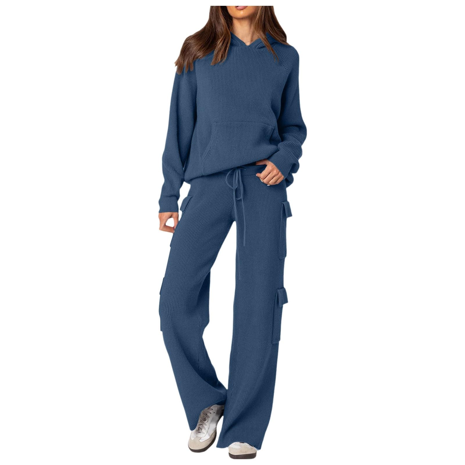 Générique Femme Ensembles En Lin Fluide Tricot Côtelé Streetwear Ample Pull Tenue Élégant Couleur Pure Intérieur Grande Taille Chemise Manches Courtes Loungewear Col Round