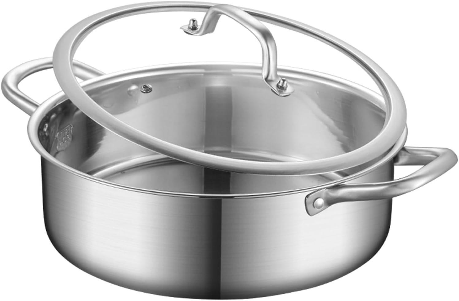 304 Stainless Steels Hot Pots with Divider Glass Cover and Handle Double Sided Cooking Shabu Shabu for Family Use Glass Lid