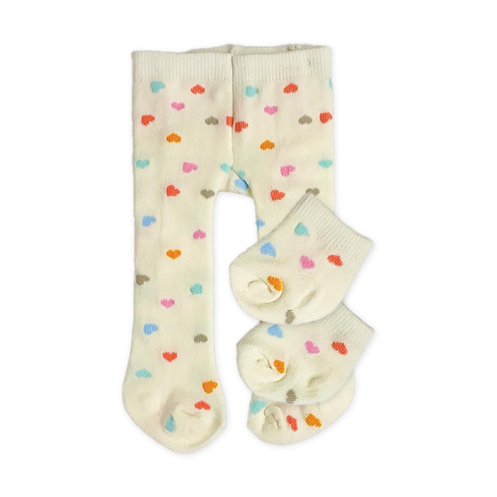 Heless 5771 - Rajstopy dla lalek ze skarpetkami ''Heart confetti'', beżowe z kolorowymi serduszkami, dla lalek i przytulanek rozmiar 28-35 cm