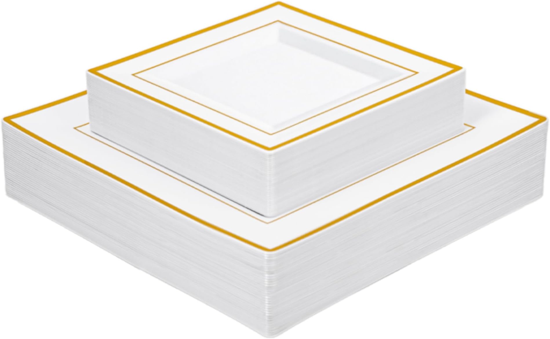 80pcs White Plastic Plates With Gold Rim, Square Disposable 9.5 inch Dinner Plate and 6.5 inch Dessert Plates for Party, Wedding and Birthday