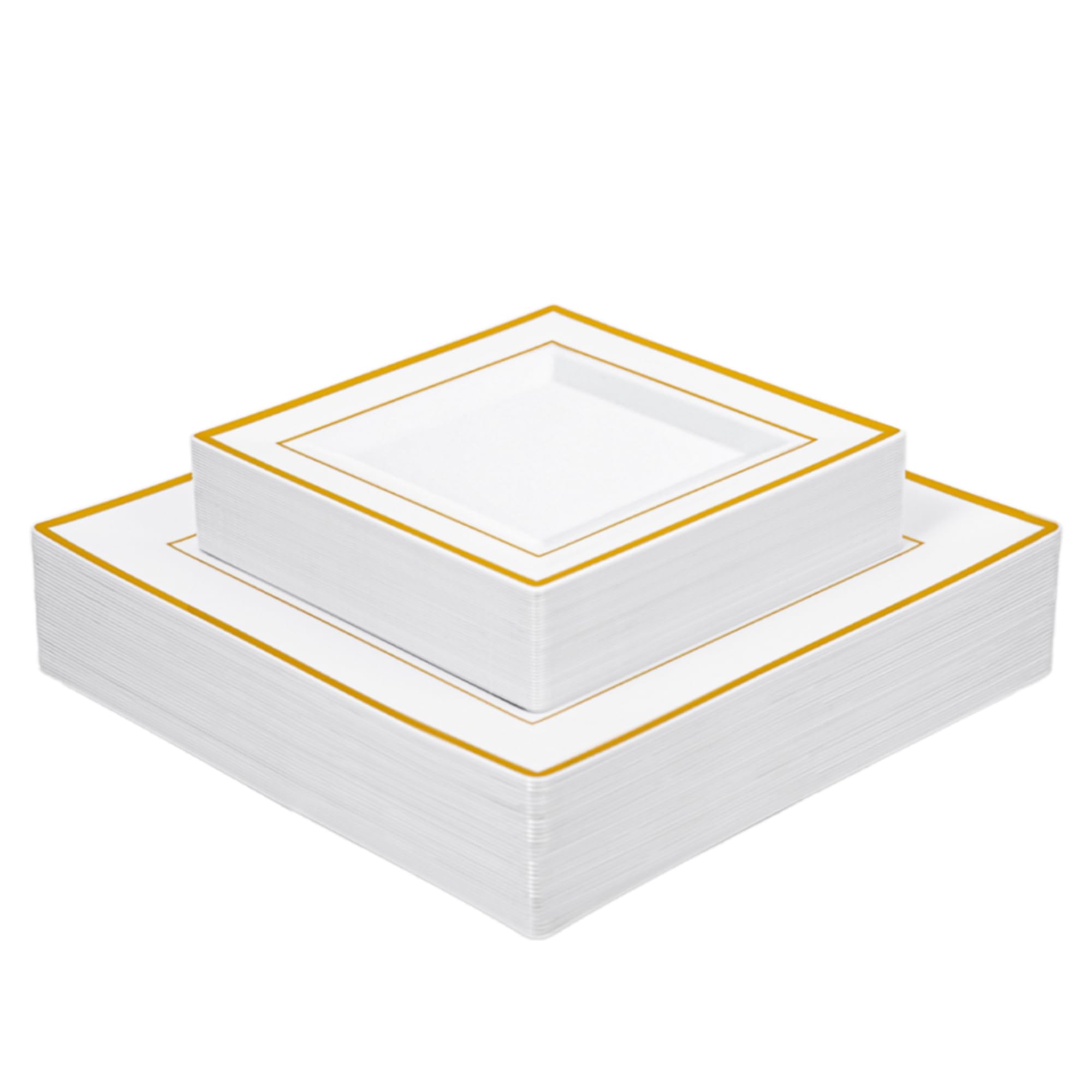80pcs White Plastic Plates With Gold Rim, Square Disposable 9.5 inch Dinner Plate and 6.5 inch Dessert Plates for Party, Wedding and Birthday