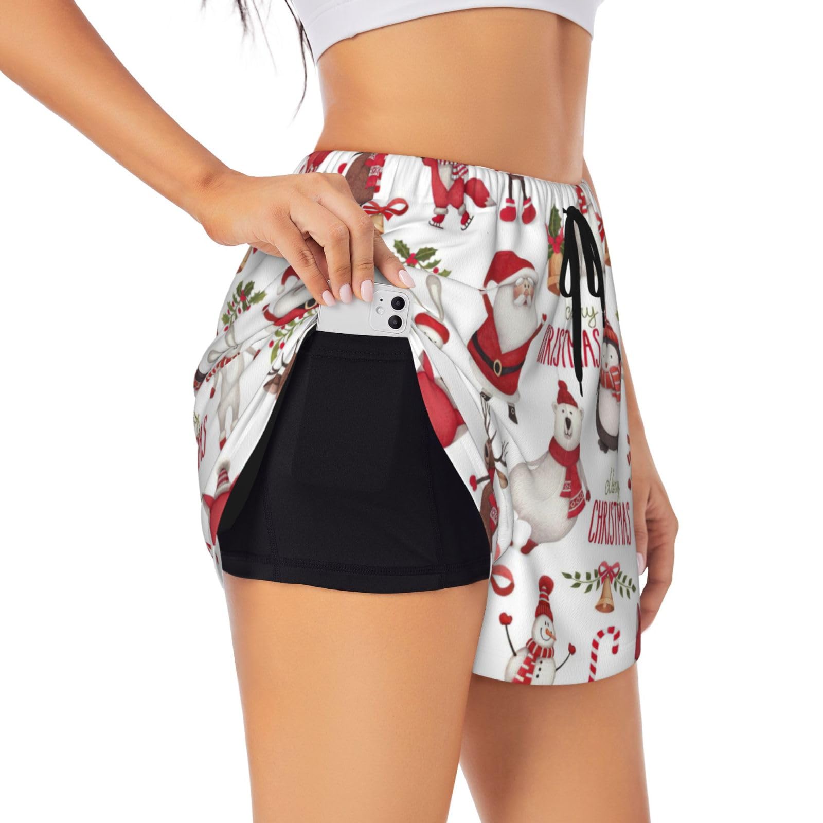 Hvmung Women's Black/White Santa Claus Printed Double Layer Athletic Shorts Running Gym Workout Shorts, Xl