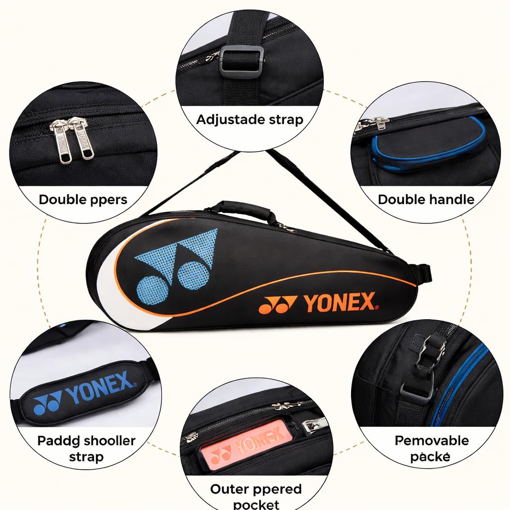YONEX Sac pour raquettes de badminton, capacité de 3 à 6 raquettes, compartiment à chaussures séparé, bandoulière réglable, imperméable.