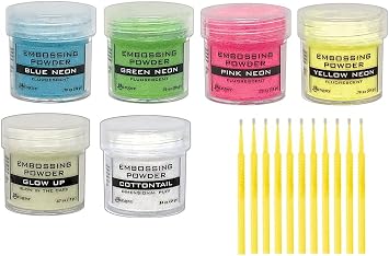Ranger Neon Embossing Powder Bundle - 4 Fluorescent Colors, Glow Up, Cottontail Dimensional Puff - 1 oz Jars - with Trebbies Detail Sticks