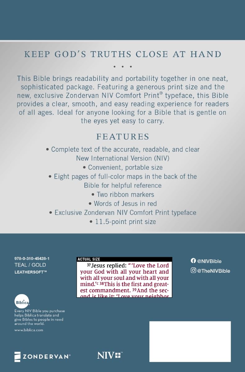 NIV, Personal Size Bible, Large Print, Leathersoft, Teal/Gold, Red Letter, Comfort Print - Image 2