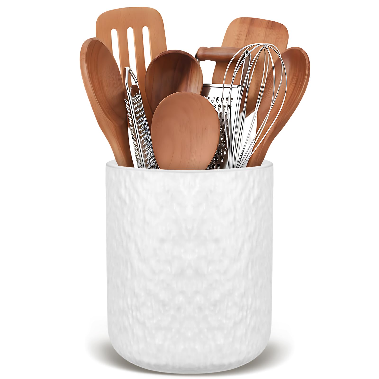 Ptrin Utensil Holder, H16xD12cm Ceramic Kitchen Utensils Holder, Large Cooking Utensil Pots for Kitchen Counter, Morden Utensil Organizer for Spatula（white rock）