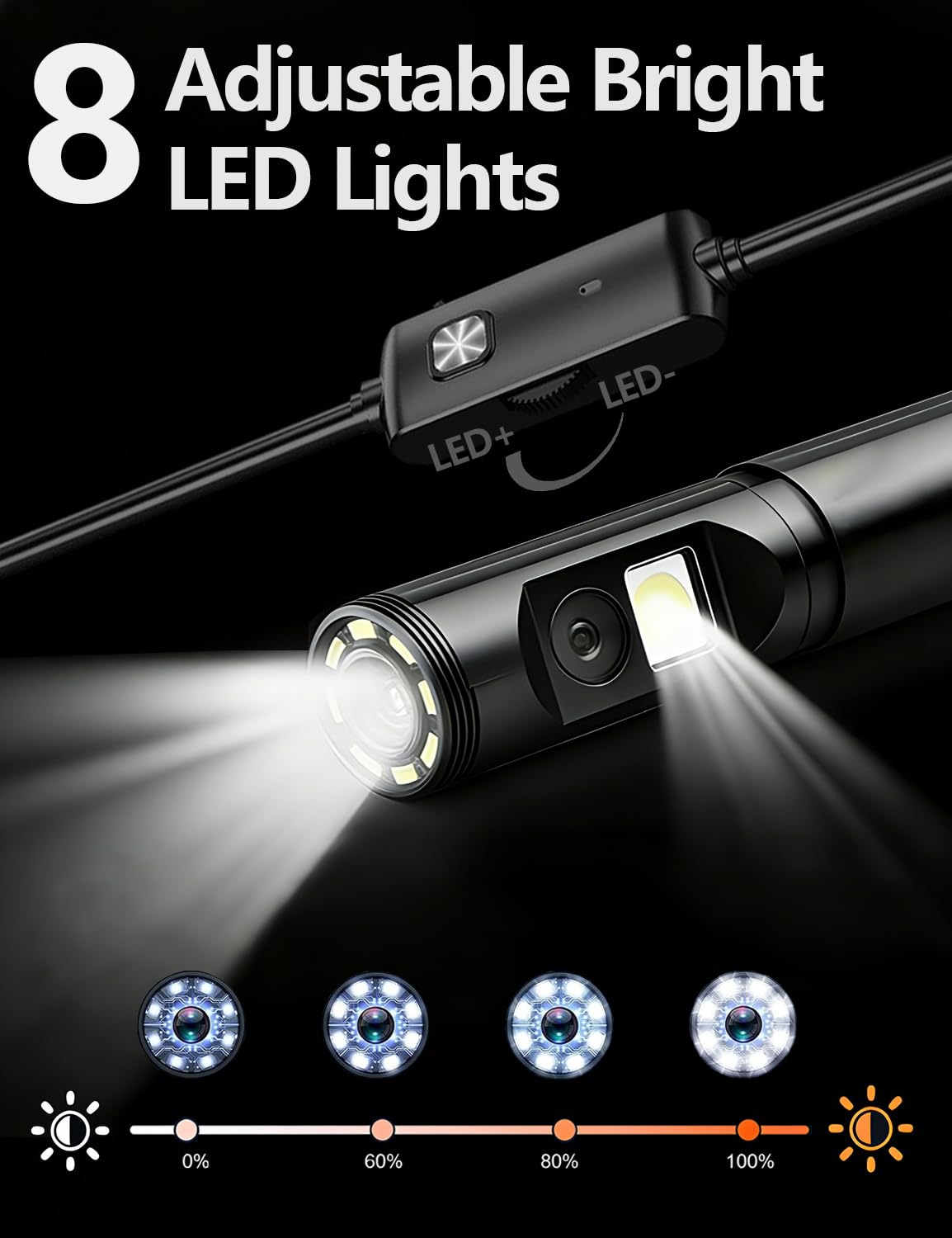 Telecamera endoscopica a doppia lente con luce, boroscopio HD 1920P con 8 LED regolabili, cavo a serpente semirigido da 5 m, strumento di ispezione impermeabile IP68 per iPhone, Android