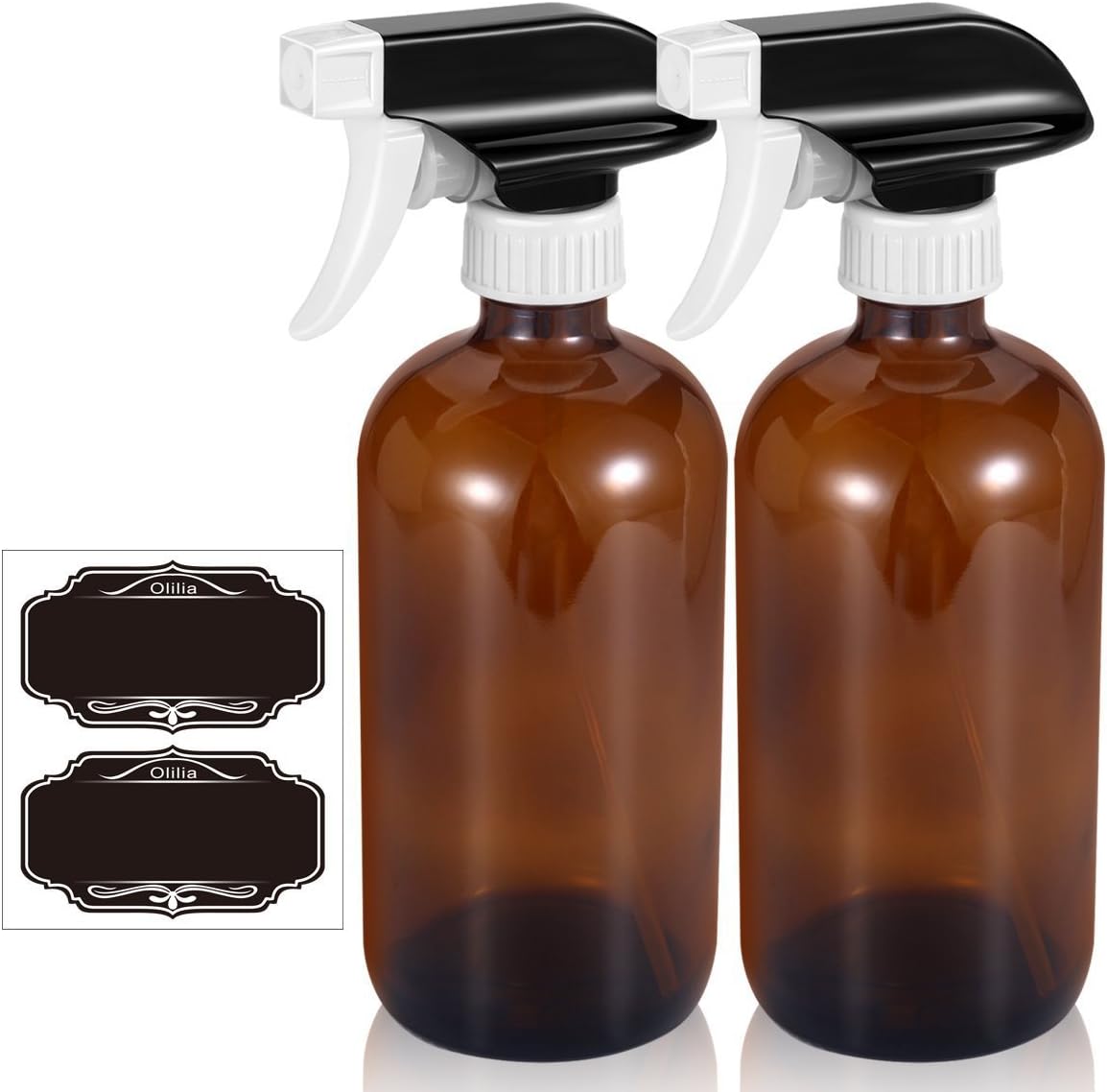 Olilia 8oz Amber Glass Spray Bottles 2 Pack, with Mist and Stream Settings Sprayer Top, Chalkboard Labels