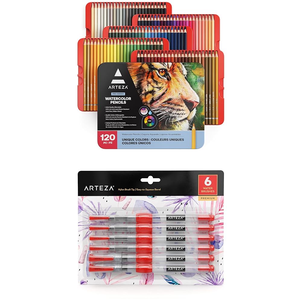 ARTEZAWatercolor Colored Pencils for Adult Coloring, Set of 120 Colored Pencils and Water Brush Pens Set of 6