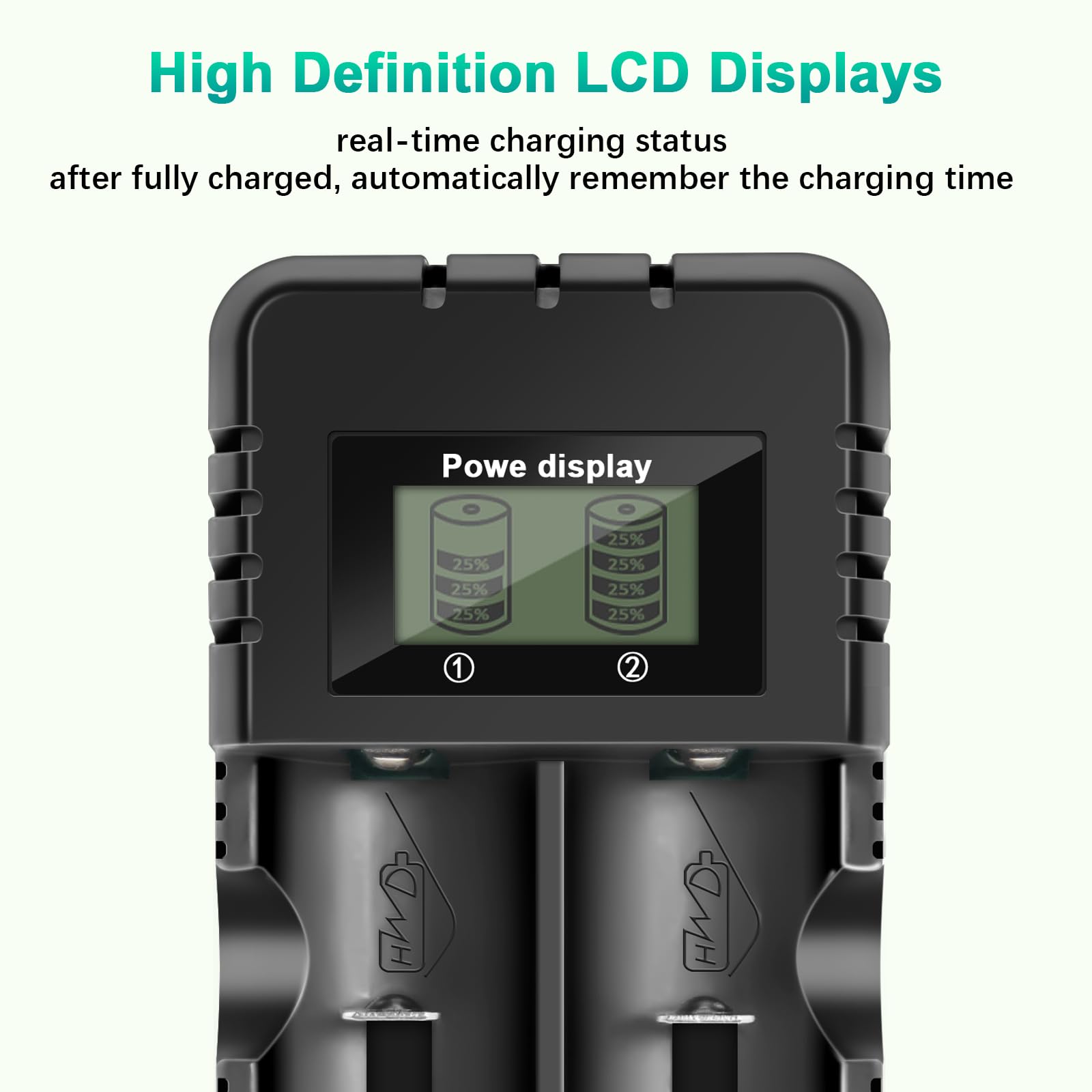 Caricabatterie agli Ioni di Litio a 2 Slot, LCD Caricabatterie Ricarica Rapida Intelligente per una Varietà di Batterie agli Ioni di Litio da 3,7 V, 26650/18650/14500/16340 (Small)