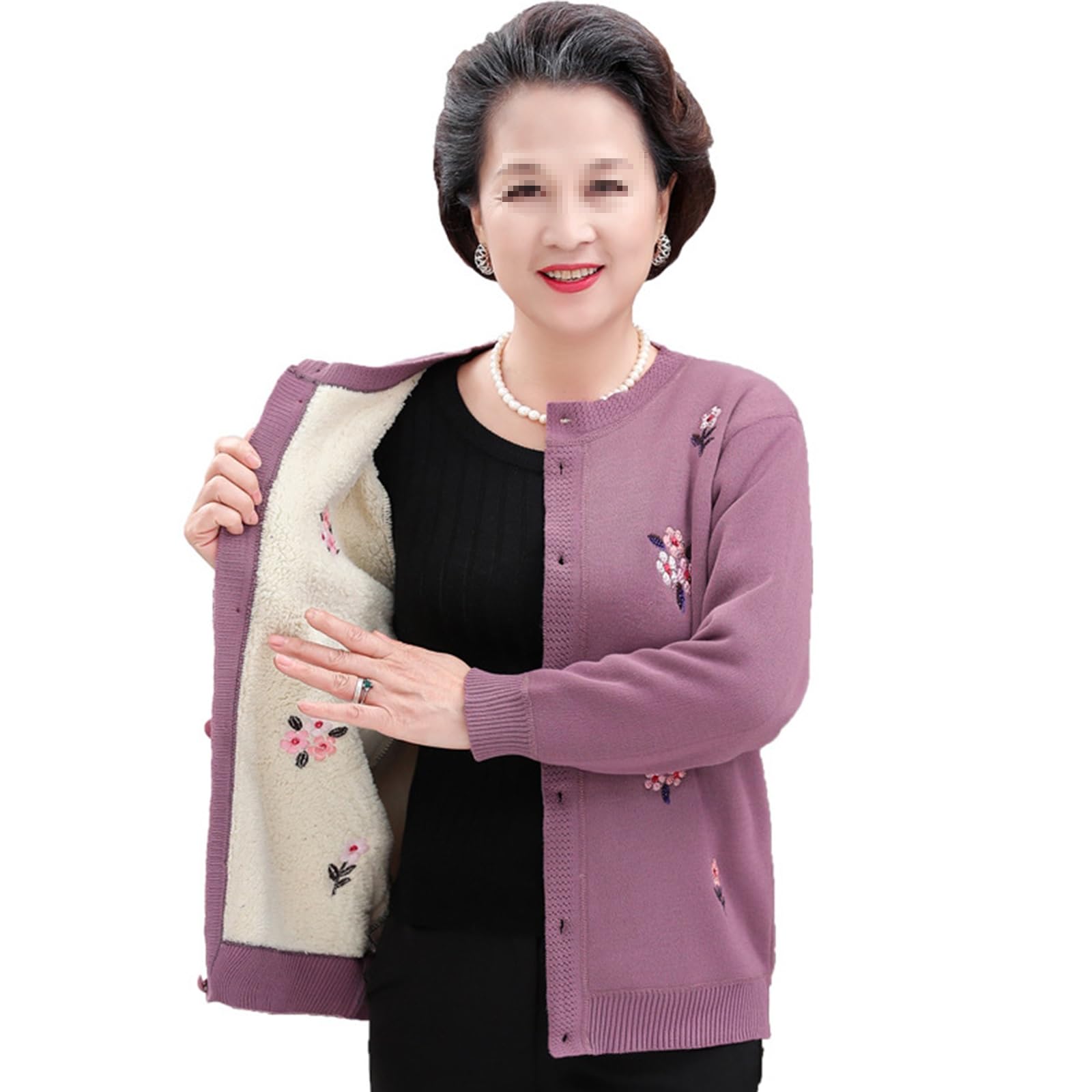 UPGENT Fall Winter Cardigan Sweaters for Elderly Mum Warm Cosy Knitted Jackets Senior Womens Velvet Sweatercoat Jumpers
