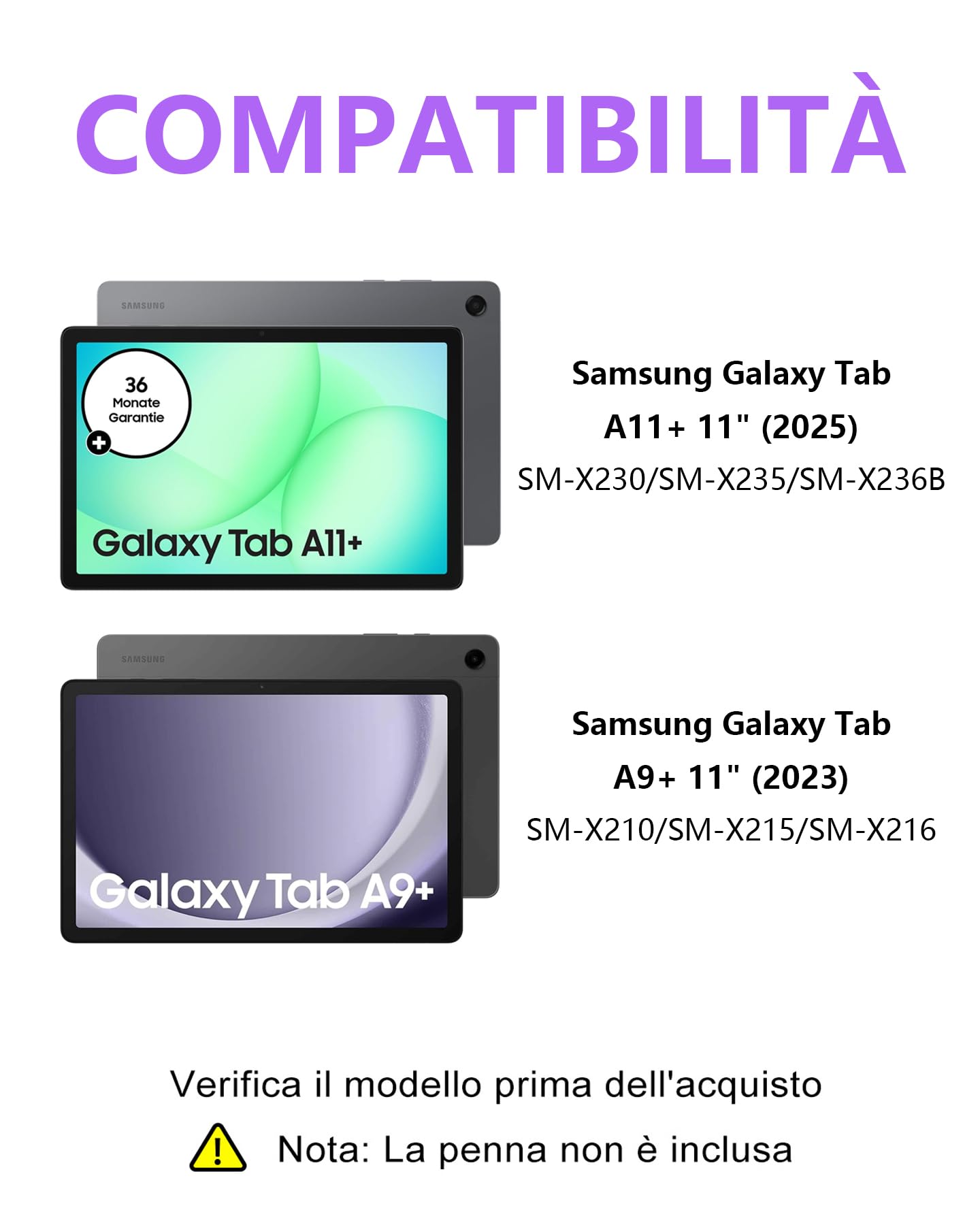 Custodia con Tastiera Bluetooth per Samsung Galaxy Tab A11+ 11" (2025) & A9+ 11" (2023), Cover Italiana QWERTY con Touchpad, Senza Retroilluminazione, Porta Penna, Lilla Chiaro
