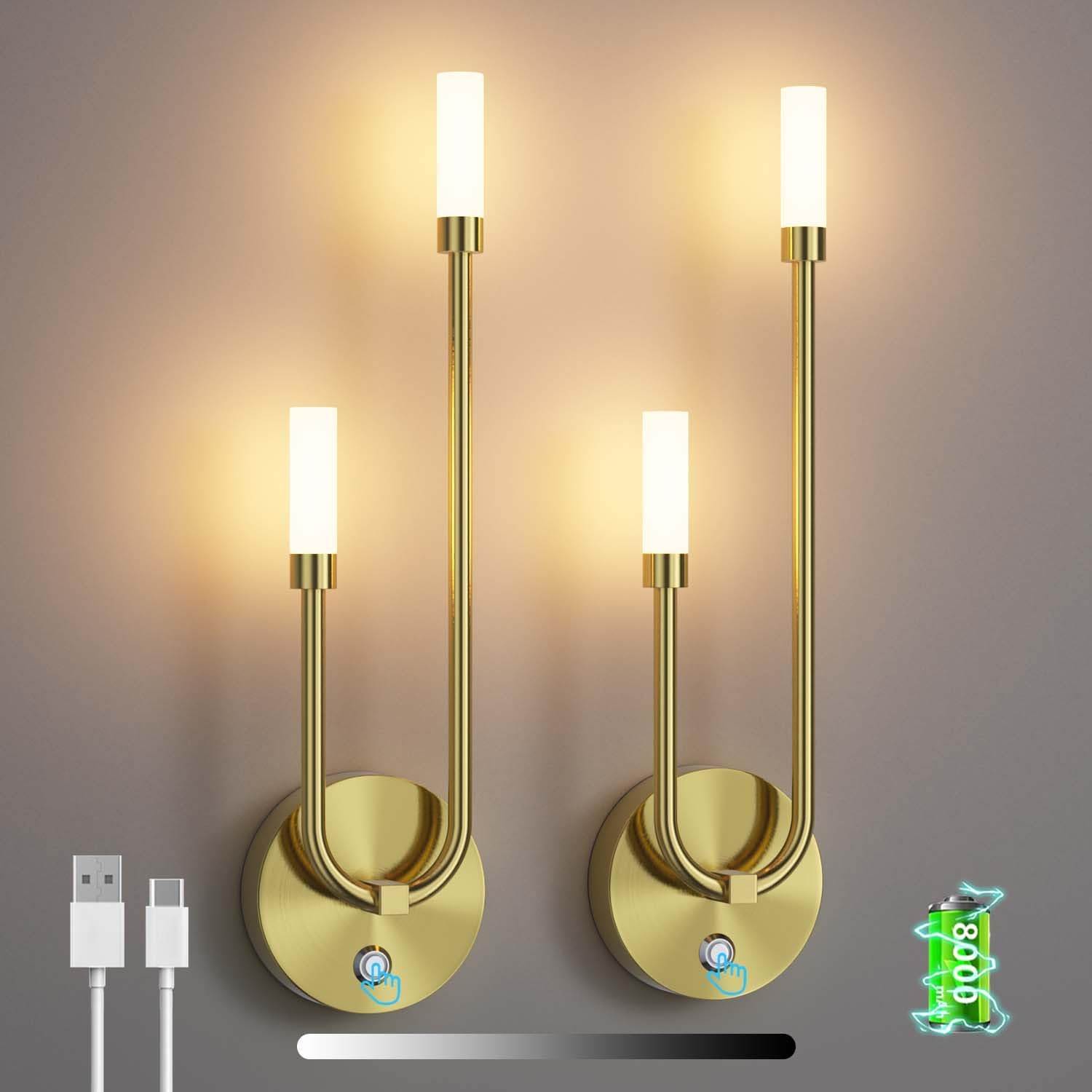2 Pack Battery Powered Wall Sconce, Rechargeable Dimmable LED Wall Sconce for Living Room, Hallway, Bedroom, Dining Room(Gold)