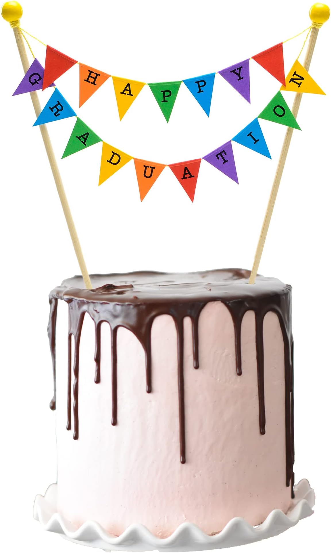 Happy Graduation Cake Topper, Handmade Rainbow Bunting Flags Banner Decoration, Fully Assembled Party Decor, with Food Grade Poles