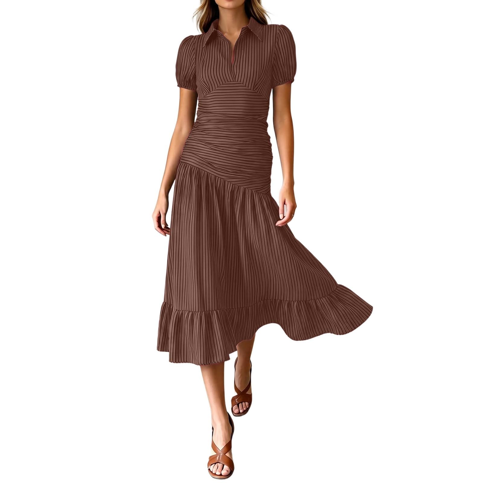 Robe midi plissée en Satin, Moulante à Rayures, col Chemise, Manches Courtes, élégante pour Le Travail ou Un Rendez-Vous.