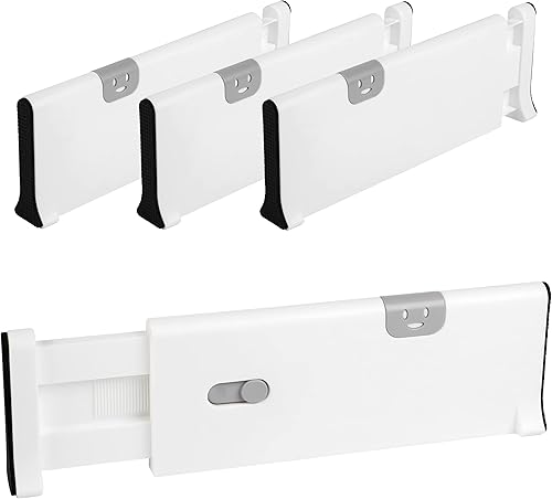 Paquete de 4 separadores de cajones, organizadores de cajones de plástico ajustables y expandibles, con resorte, funciona en organizador de