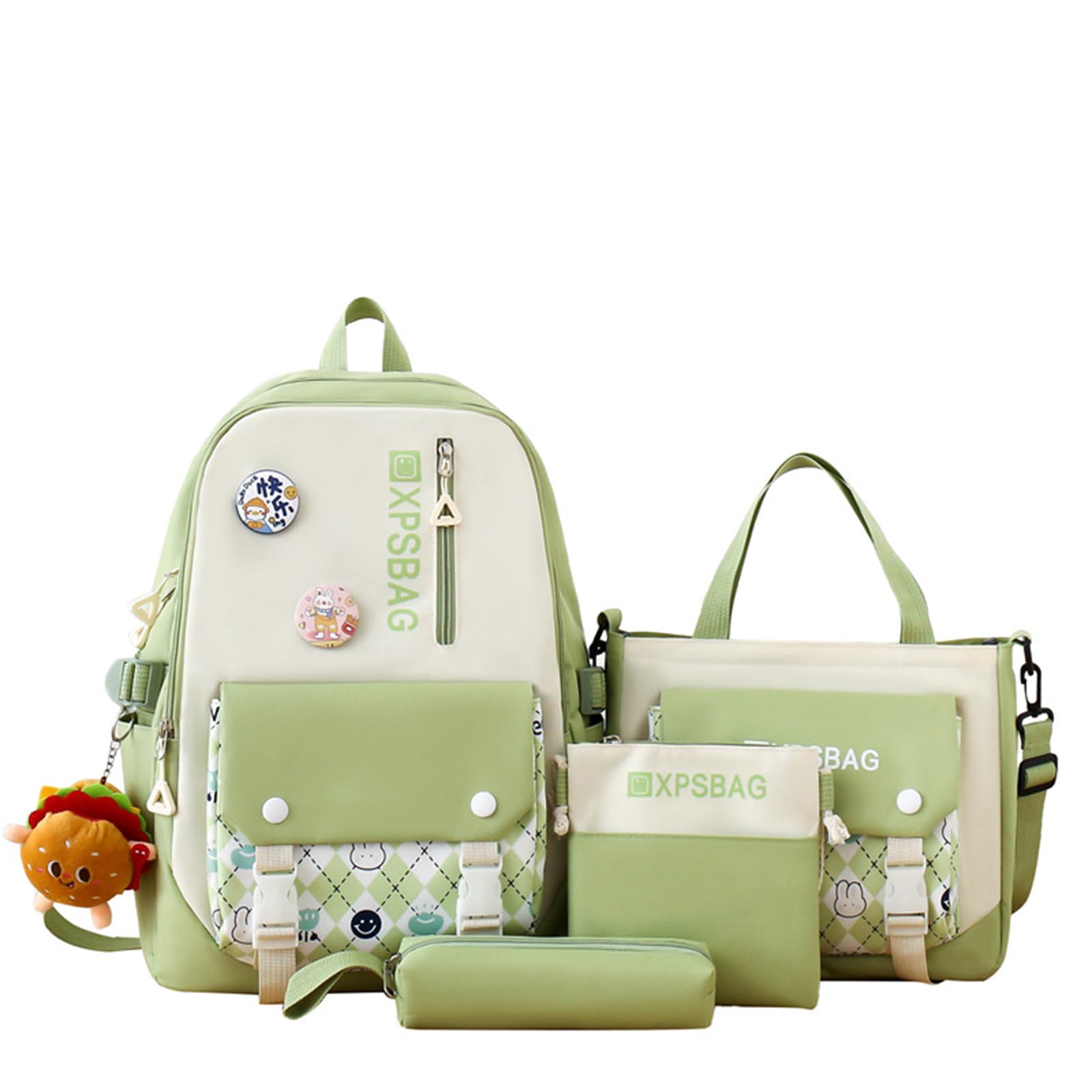 Cute Backpack 4Pcs Set for Student with Kawaii Accessories - School Bags for Teen Girls Bookbag Back to School Supplies, D Green