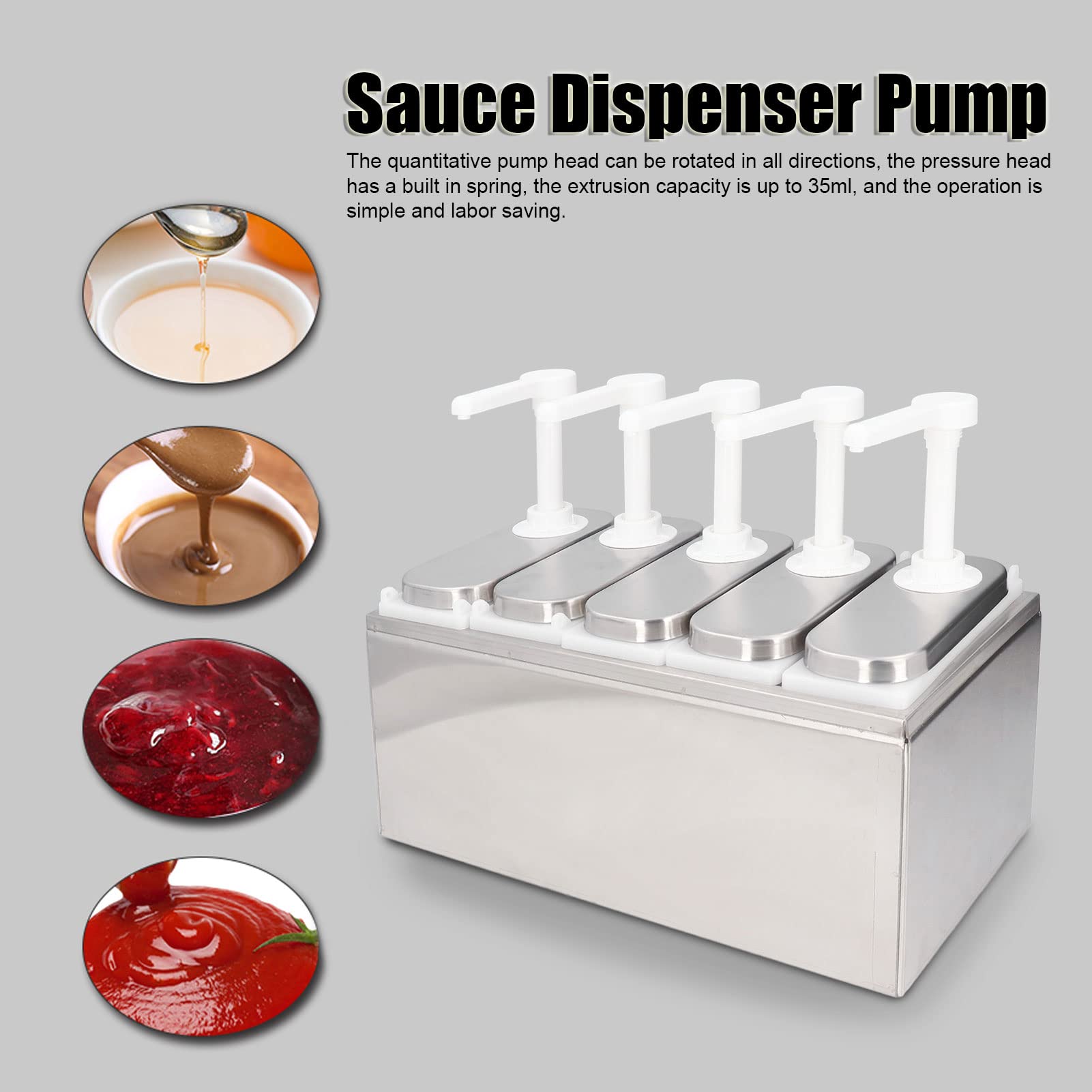 Condiment Pump Dispenser, Stainl steel Sauce Dispenser, Condiment Pump Station, Salad Jam Seasoning Condiment Squeeze Pump Container(5 Pump Bottle)