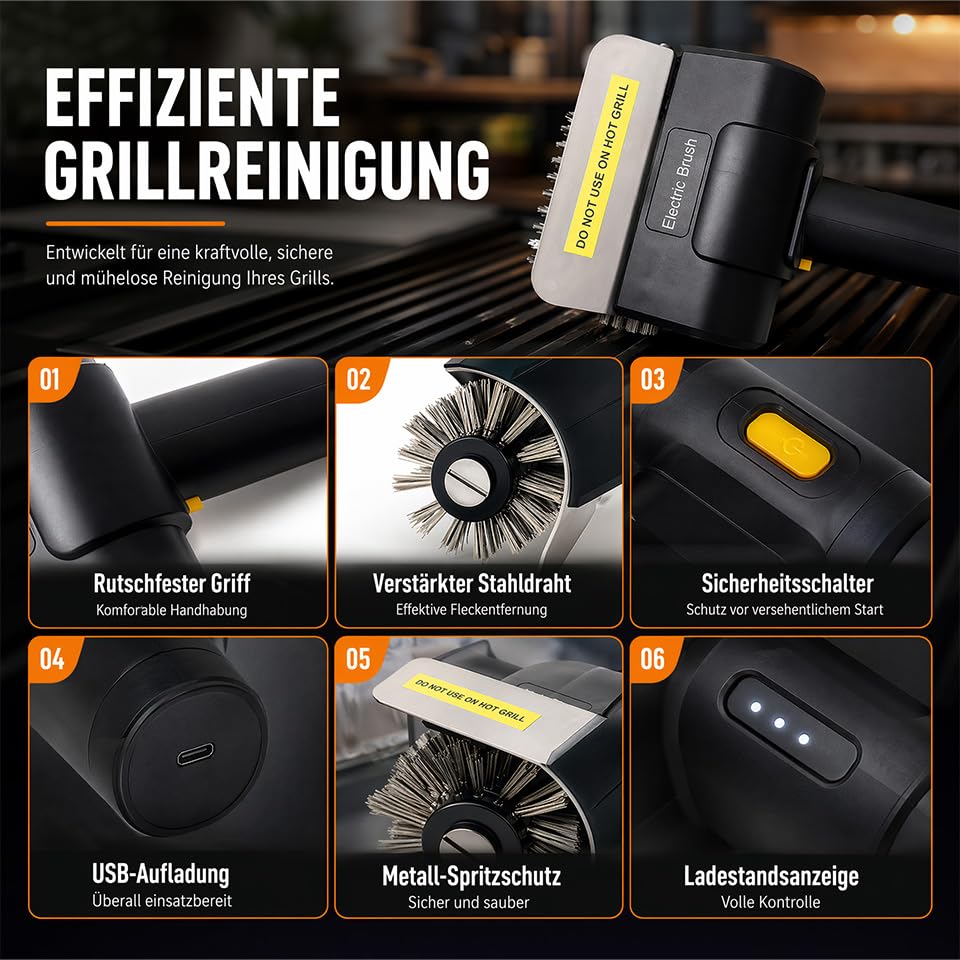 Elektrische Grillbürste, Elektrische Grill Reinigungsbürste mit Beleuchtung, Wiederaufladbarer Grillreiniger, 100 Minuten Laufzeit, Austauschbare Edelstahl-Bürstenkopf Für Alle Grills Geeignet