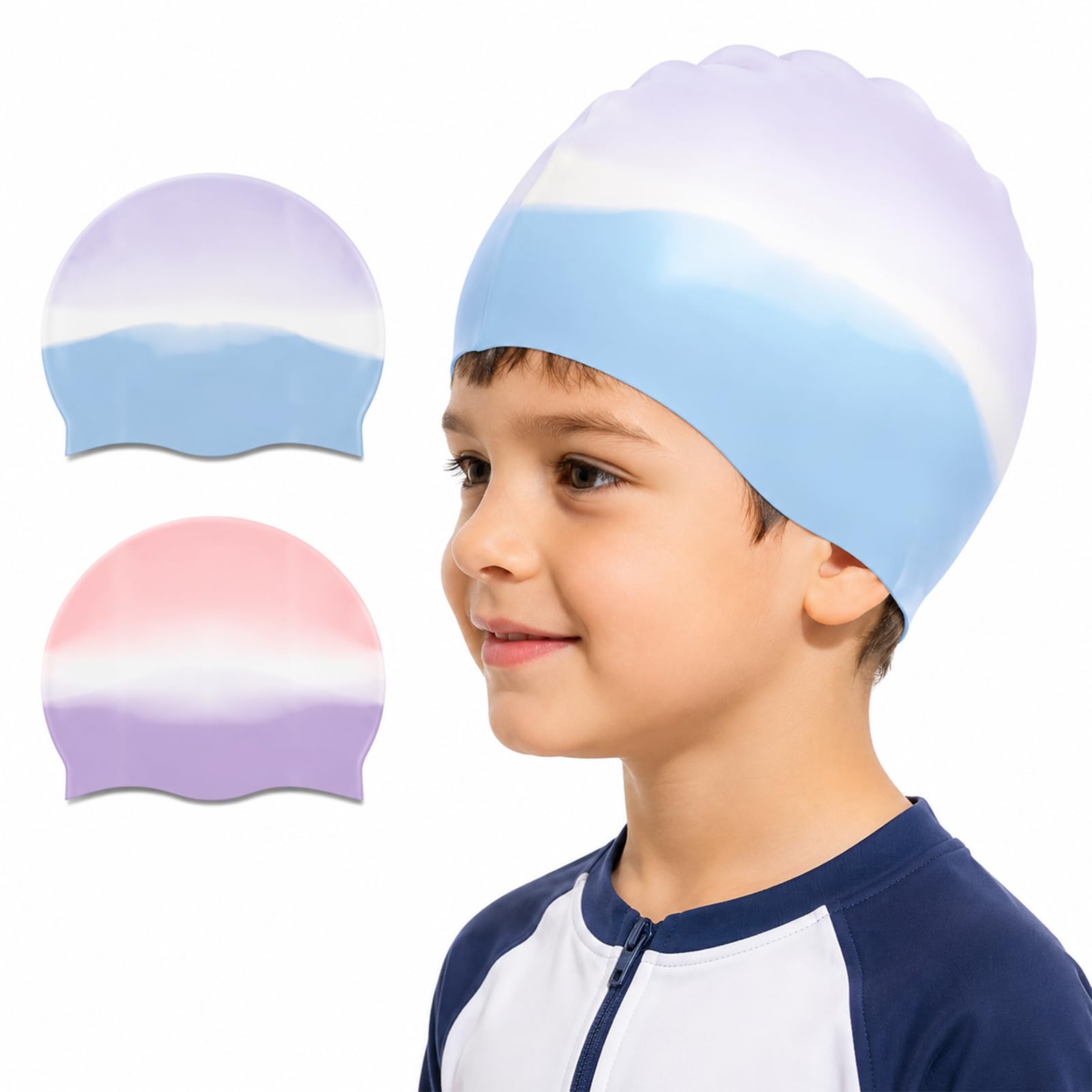 2 Pcs Swimming Cap for Ages 6-14 Silicone Swim Hat Waterproof, Anti-Slip, Vibrant Gradient Colors Elastic Swim Cap For Long Hair And Short Hair
