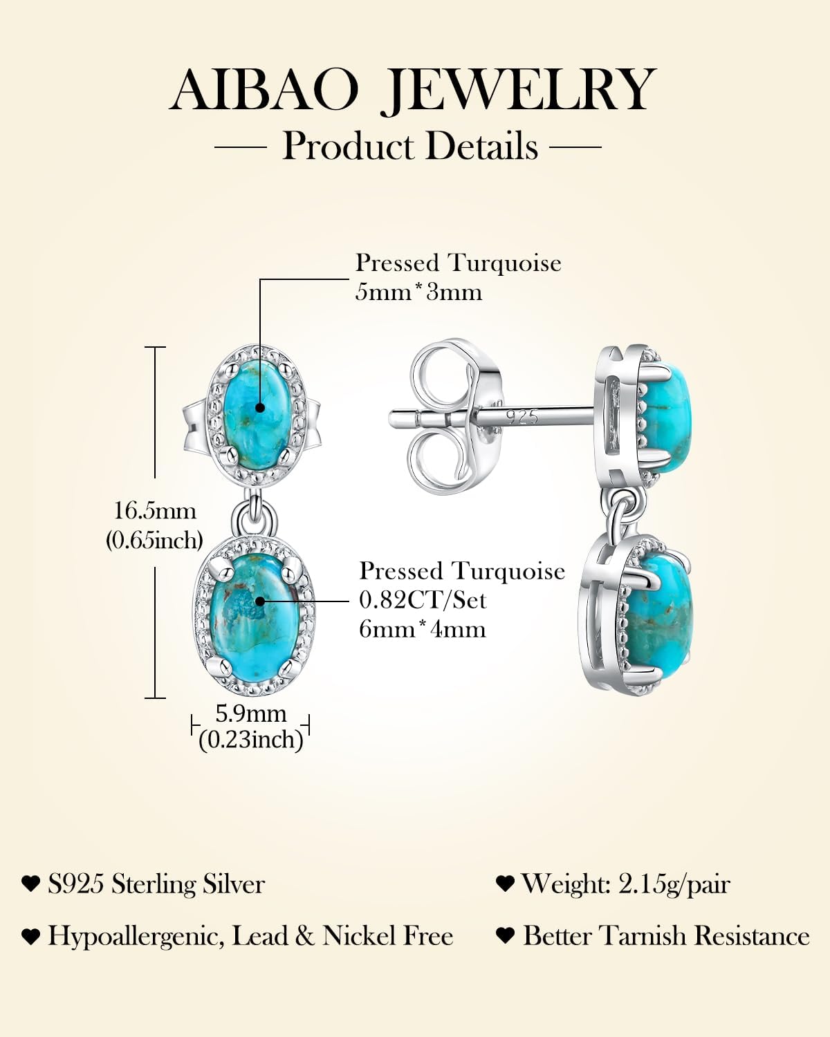 AIBAO Natural Oval Gemstone Drop Earrings for Women Turquoise/Lapis Lazuli/Malachite Stud Earrings Hypoallergenic Sterling Silver Statement Earrings Western Bohemian Jewelry
