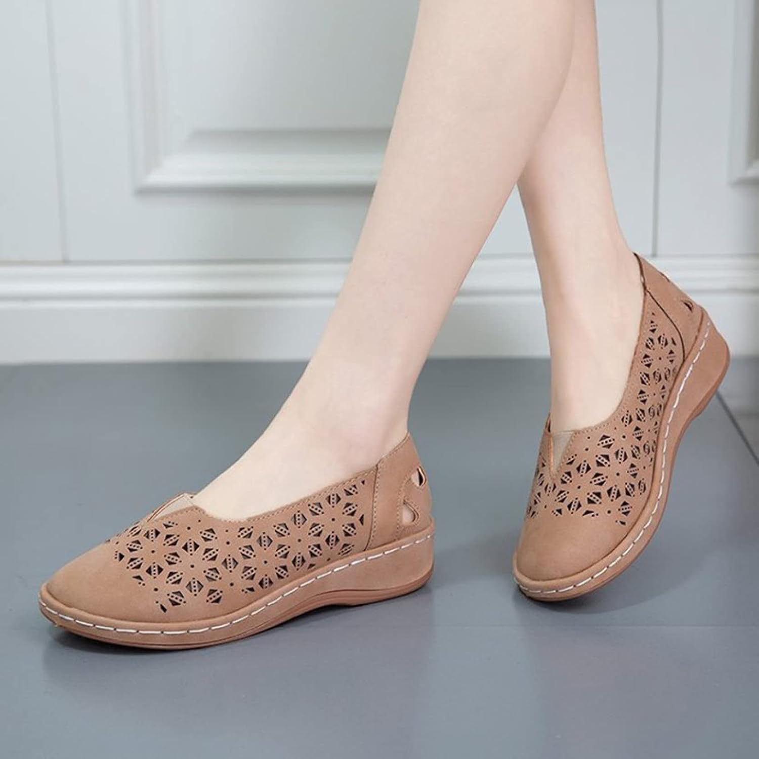 [PANLON] レディースモカシン 通気性 メッシュ モカシンシューズ ドライビングシューズ レディース コンフォート厚底 履きや