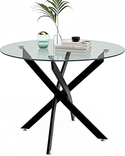 NIERN Mesa de comedor redonda para 4, mesa de cocina circular de vidrio de 31.5 pulgadas con patas cromadas, mesa de comedor moderna para cocina y