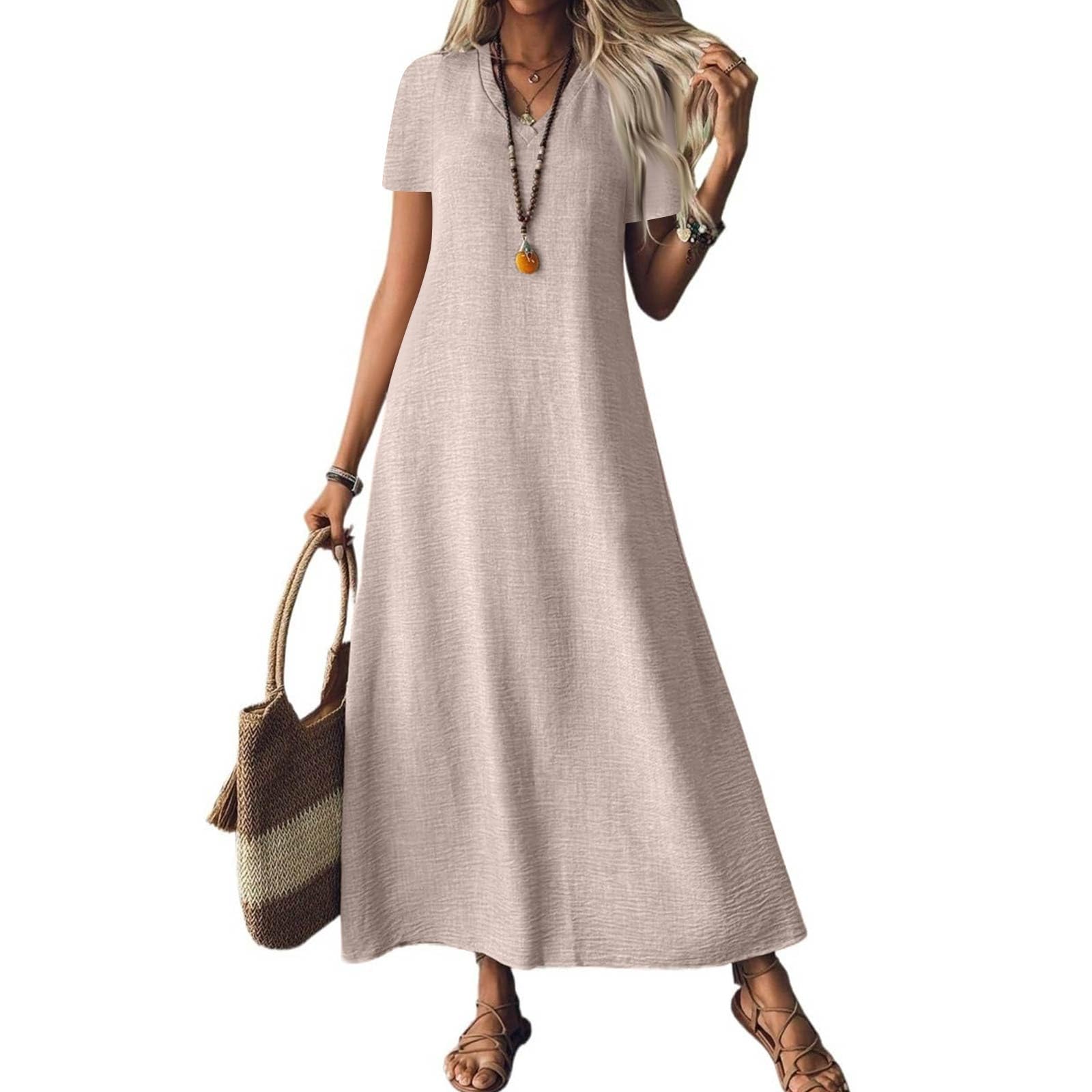 Linen Dress Women Short Sleeve V Neck Tunic Boho Maxi Dress Casual Summer Modest Long Flowy Beach Vacation Dresses