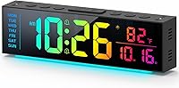 Abovsare Digital Alarm Clock for Bedroom - Large Display, 13 LED Colors, 12 Ambient Lights, Auto Dimming DST, Black Wall Desk Clock