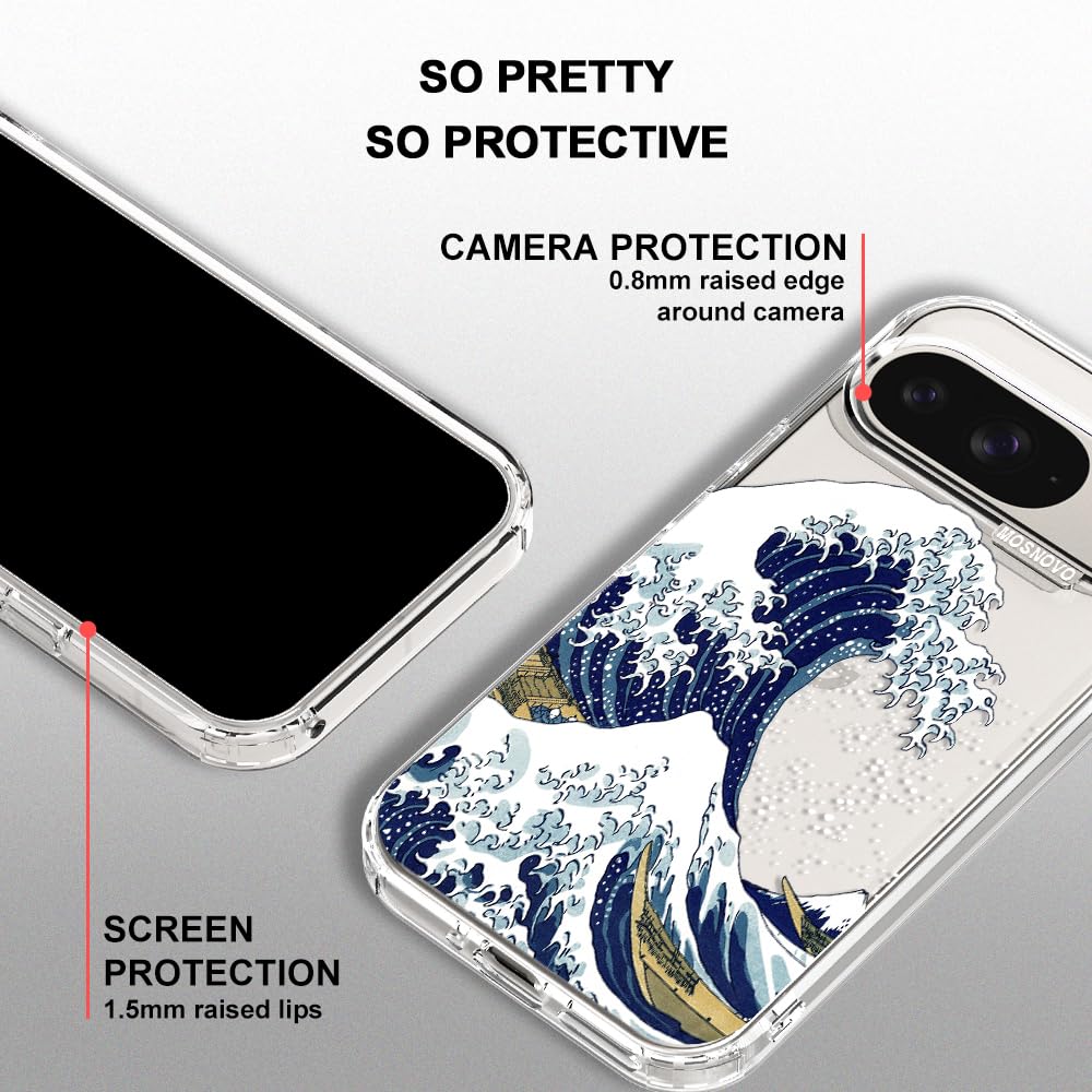 MOSNOVO Case for Google Pixel 9 & Pixel 9 Pro, [Buffertech 6.6ft Military-Grade Drop Protection] [Anti Peel Off Tech] Clear TPU Bumper Phone Case Cover Design - Great Wave - 4