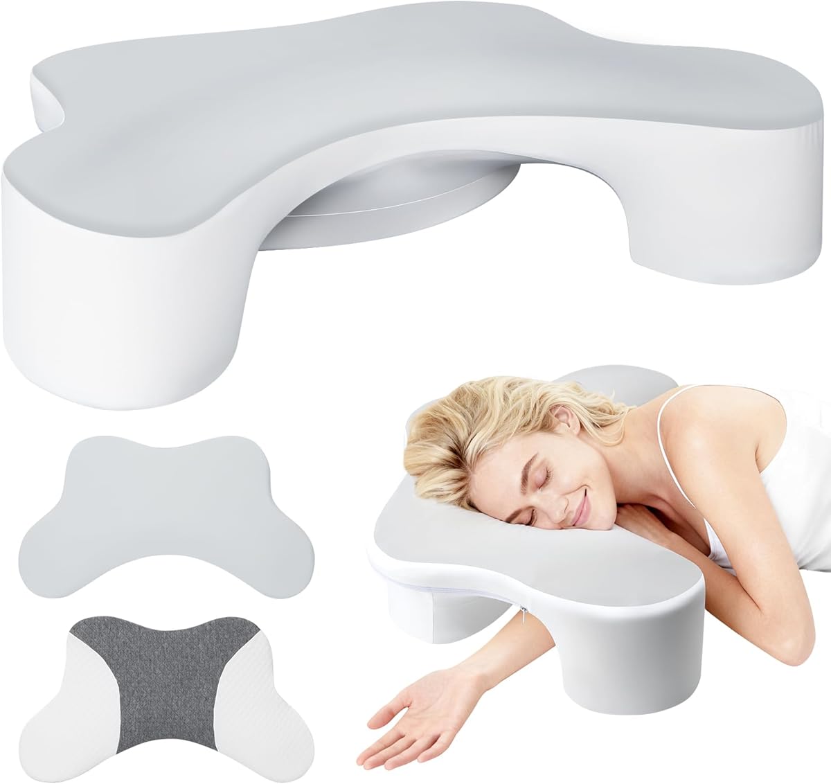 Side Sleeper Pillows with Arm Holes- Memory Foam Shoulder Pillow for Side Sleepers Neck Support & Rotator Cuff Pain Relief, 2PCS Pillowcase, Ergonomic Knee, Leg, Arm Pillow for Adults (Light Grey)