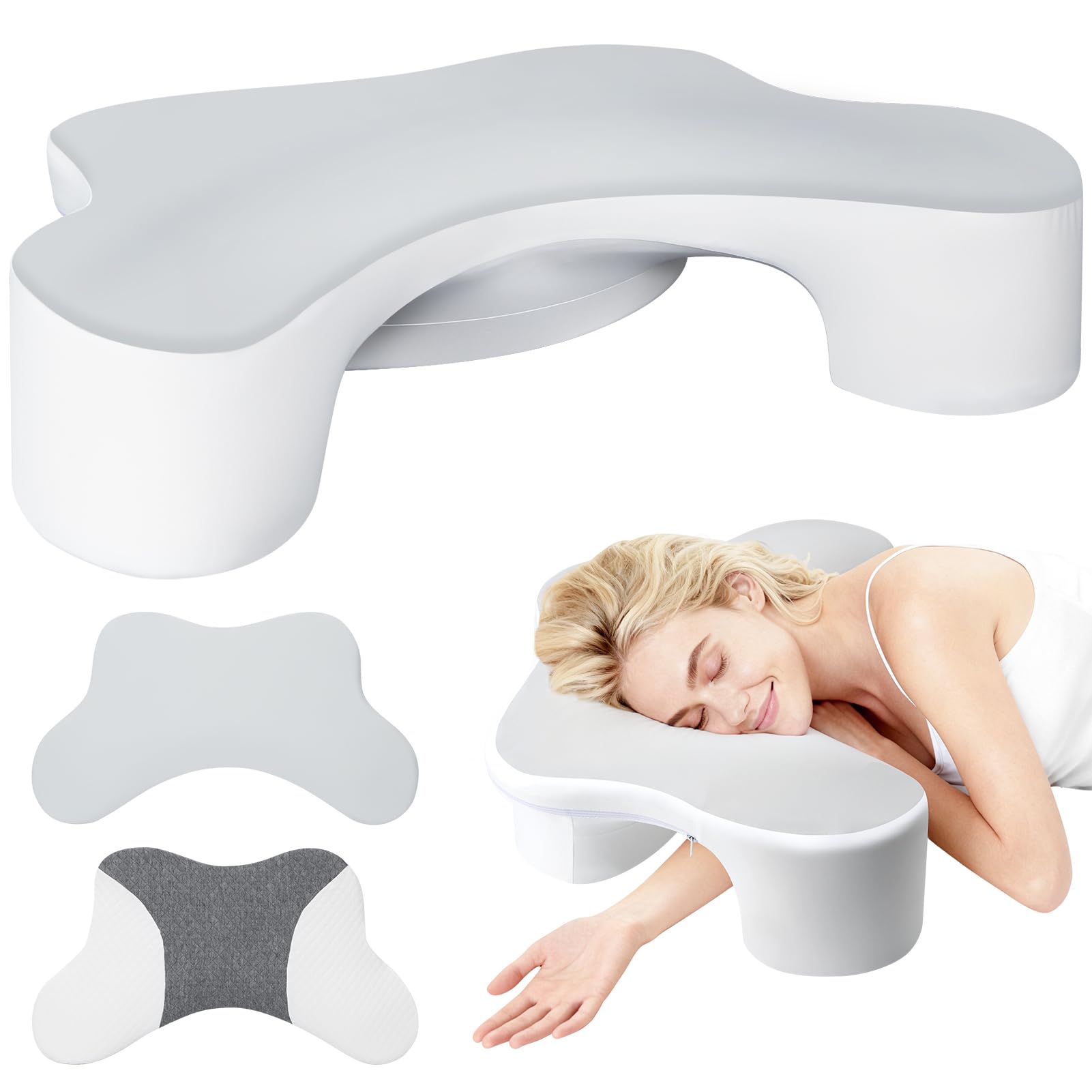 Side Sleeper Pillows with Arm Holes- Memory Foam Shoulder Pillow for Side Sleepers Neck Support & Rotator Cuff Pain Relief, 2PCS Pillowcase, Ergonomic Knee, Leg, Arm Pillow for Adults (Light Grey)