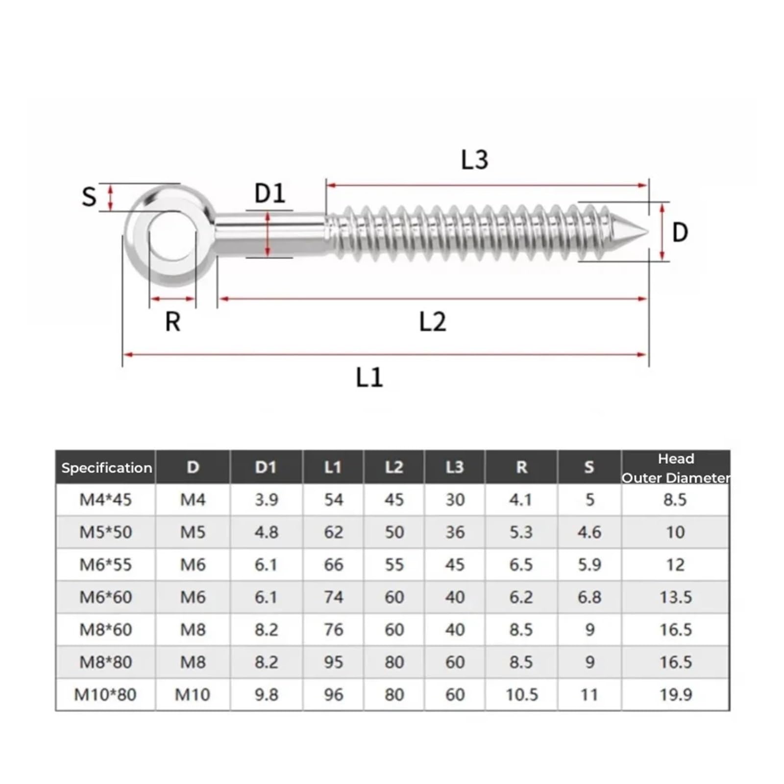 Pernos de Ojo de Acero CáNcamos Tornillos de ojo pez acero inoxidable 316 con orificio, autorroscantes for madera, pernos ojal, M4, M5, M6, M8, M10(M8x80mm-2pcs)