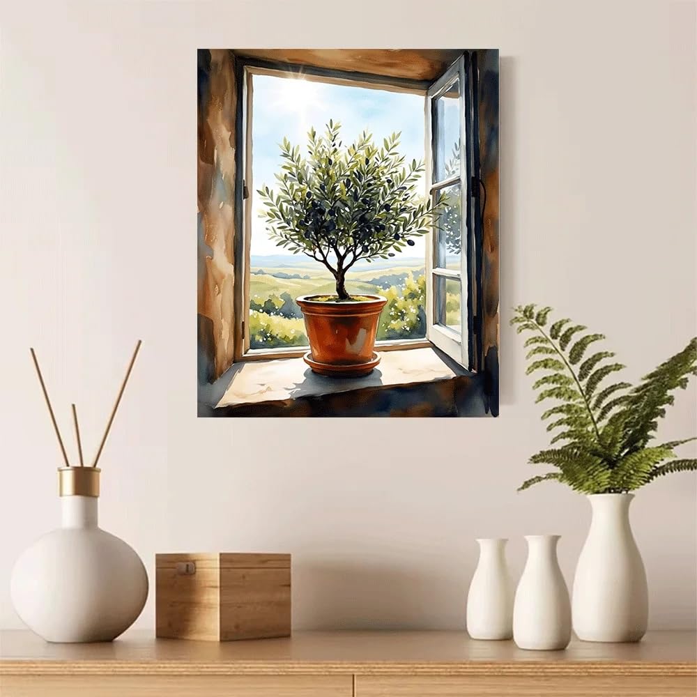 LTjiajuypd Canvas Poster Window View Olive Tree Landscape Art Print Summer(70x110cm/Frameless)