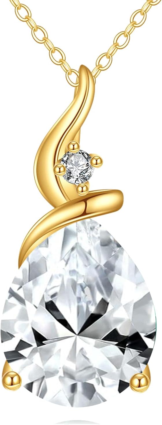 14K Solid Gold Pear Gemstone Birthstone Necklace for Women,14kt Real Gold 2.5 Carat Teardrop Birthstone Pendant Jewelry Gifts for Mom Wife Valentine's Day Mother's Day,16+2 Inch(Solid 14k Gold Chain)