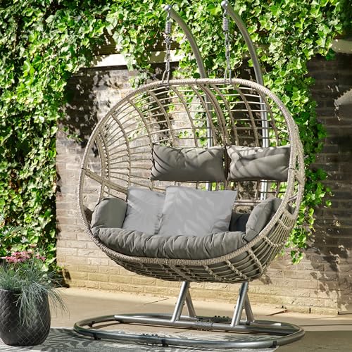 Dawsons Living Vienna Hanging Double Egg Chair - Outdoor and Indoor Rattan Weave Swing Hammock - with Hanging Stand