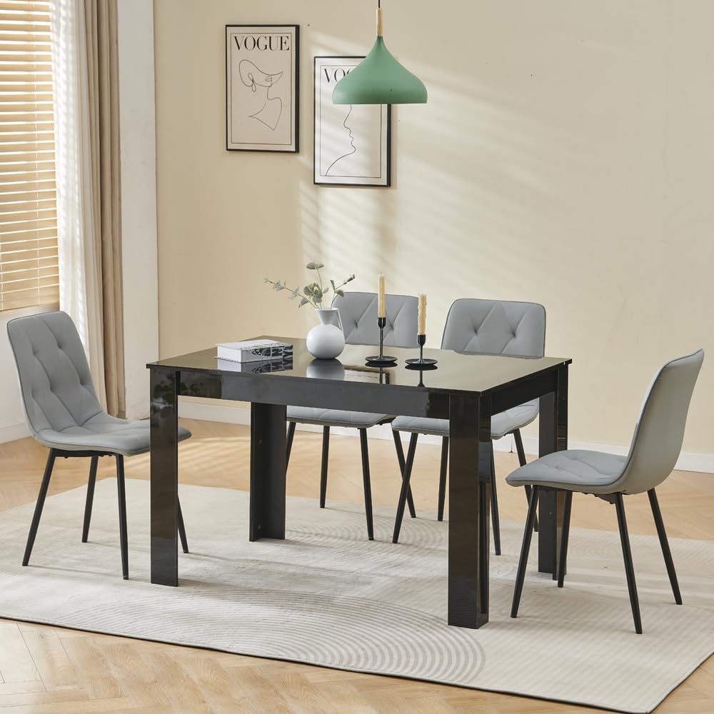 Homullel 5 Piece Dining Room Table and Chairs Set for Dining Room, Modern 120cm Black High Gloss Dining Table with 4 Grey PU Leather Chairs for Family Dinner Set Space Saving