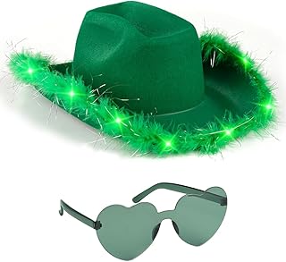 Funcredible Green Cowboy Hat with Heart Shaped Sunglasses - Fashionable Light Up Cowgirl Hat with Feathers - LED Hat for Birthdays, Concerts, Rodeo Parties - Western Style Sparkling Hat for Women, Men