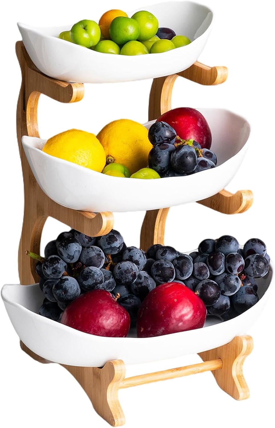 YYW 3 Tier Fruit Basket, White Ceramic Fruit Bowl for Kitchen Counter, Home Fruit Bowl Set with Holder, Fruit Serving Tray Snacks Nuts Bread Candy Storage Holder (White)