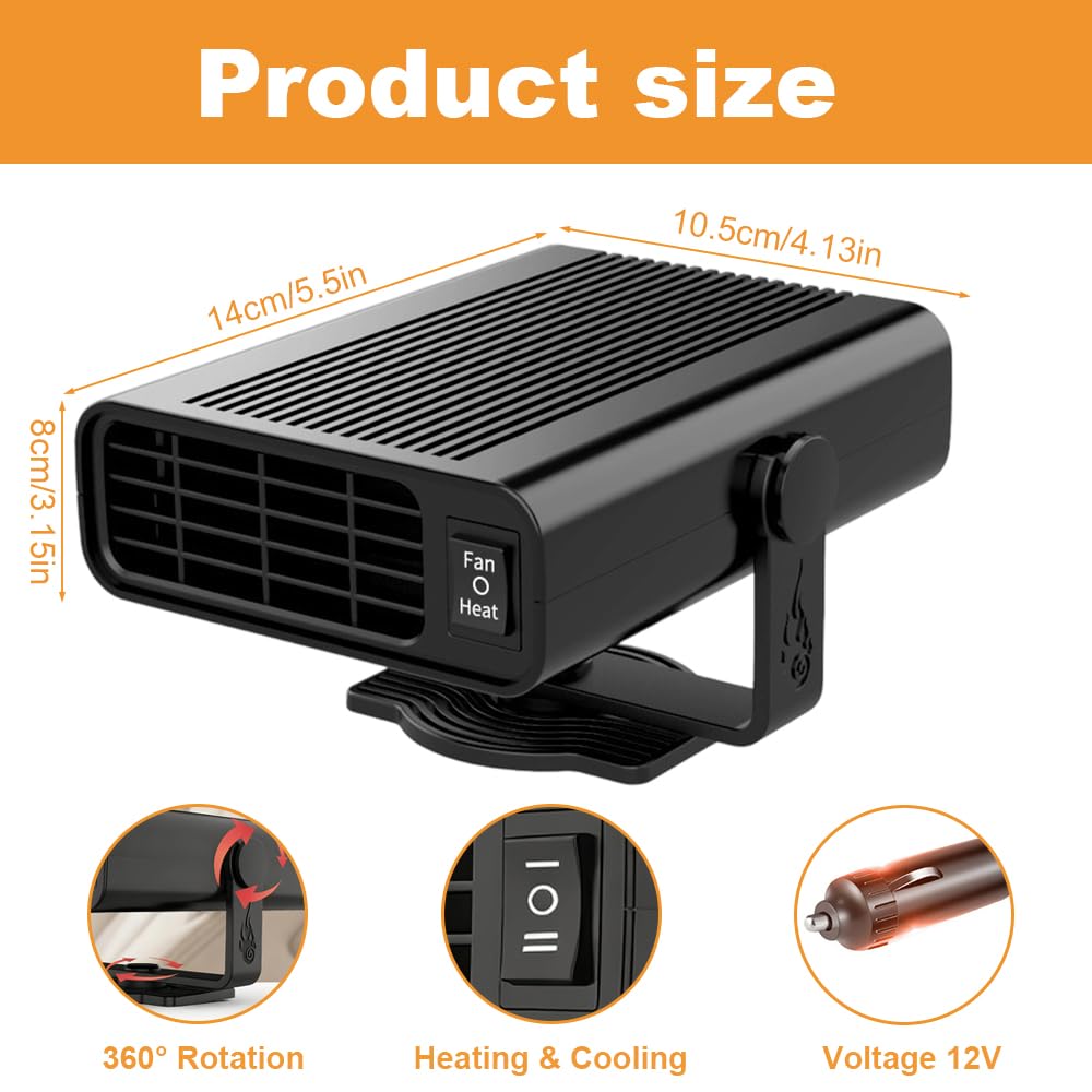 Chauffage Soufflant de Voiture, 12 V 120 W Chauffage de Voiture, 2 en 1 Chauffage Voiture Pivotant à 360°Désembueur et Dégivreur avec Base Rotative, Allume Cigare pour Pare-Brise de Voiture