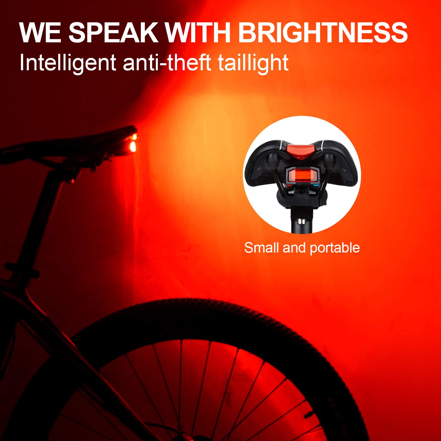 WASAGA Luce posteriore per bicicletta con telecomando per allarme, campanello per bicicletta e luce posteriore COB, luce posteriore antifurto ricaricabile impermeabile, cinturino in silicone per