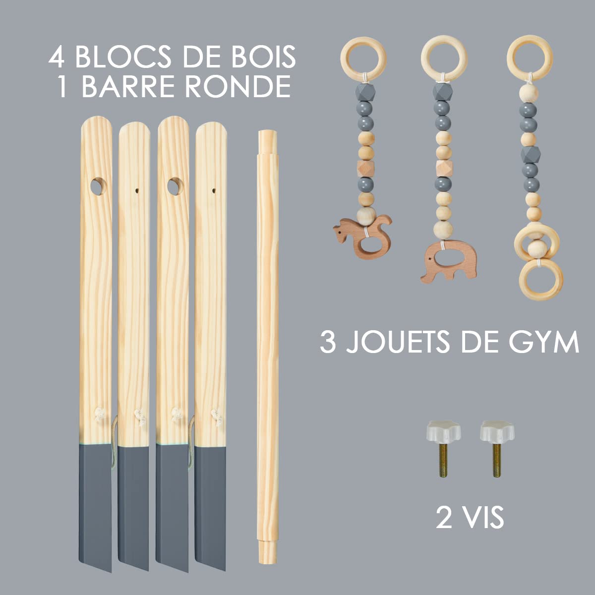 GYMAX Portique d'Éveil Bébé Bois, Arche Éveil Bébé, Dès 2 Mois Gym d'Activité Centre pour Bébé avec 3 Jouets en Bois Suspendus, 59.5 x 58 x 45.5 CM, Gris