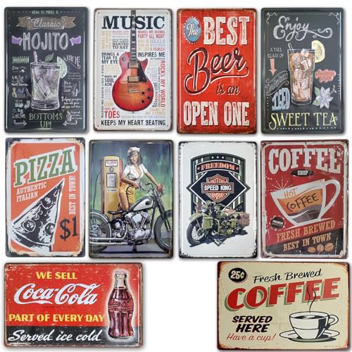 Placas Vintage |. Set de 10 Chapas Decorativas metálicas de pared | Decoración Retro para Salón, Bar, Cafetería, Cocina, Restaurante Oficina Tamaño 20x30